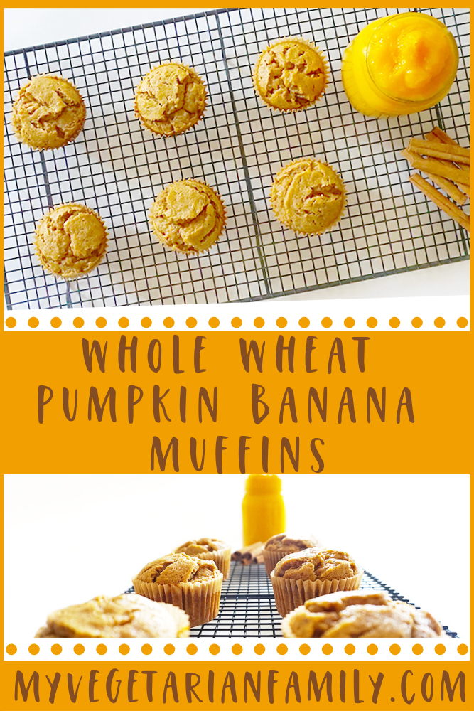 Whole Wheat Pumpkin Banana Muffins | My Vegetarian Family #oilfreepumpkinmuffins #wholewheatpumpkinmuffins