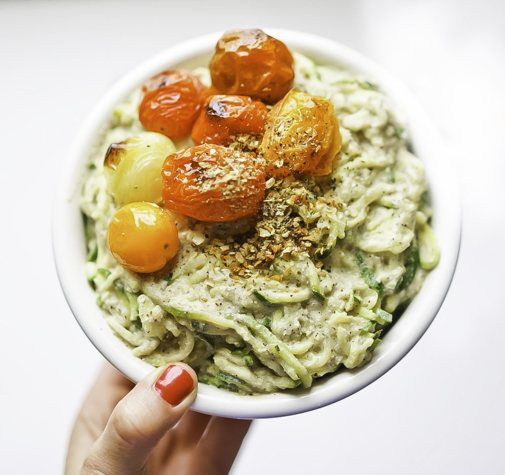 Zucchini Noodles with Vegan Ricotta and Roasted Tomatoes