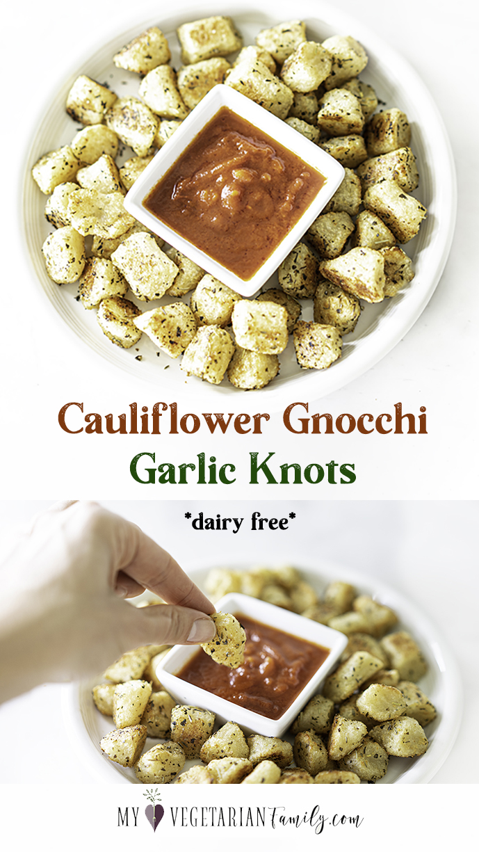 Cauliflower Gnocchi Garlic Knots | My Vegetarian Family #crispy #ovenbaked #traderjoesgnocchi #vegan #dairyfree