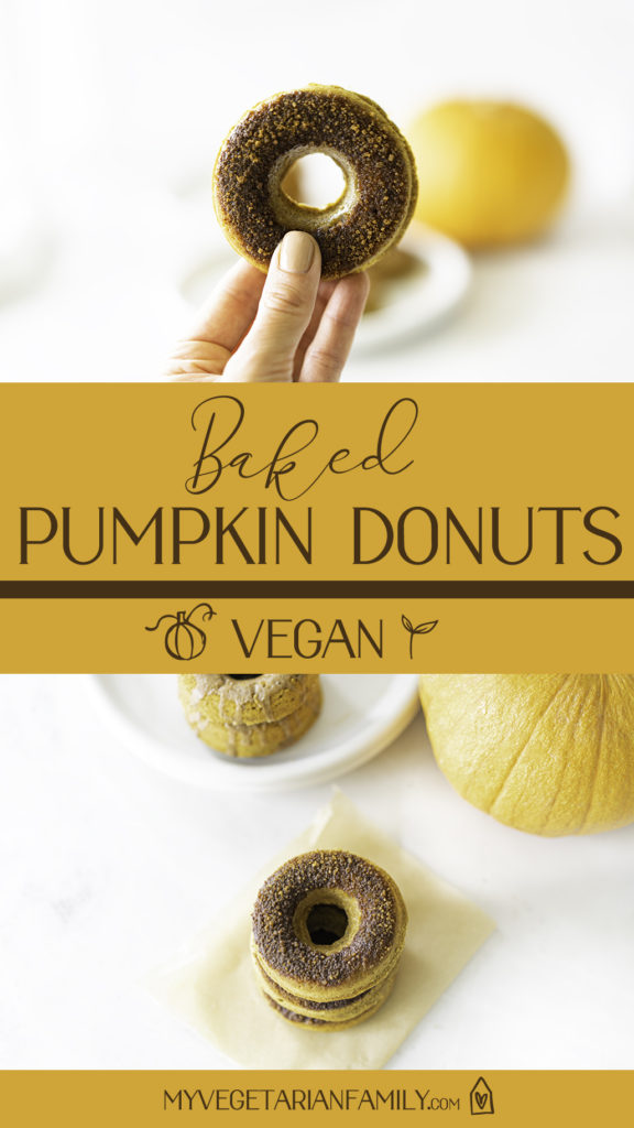 Baked Vegan Pumpkin Donuts | My Vegetarian Family #egglessbaking #vegandonuts #bakeddonuts #bakednotfried #veganpumpkinrecipe