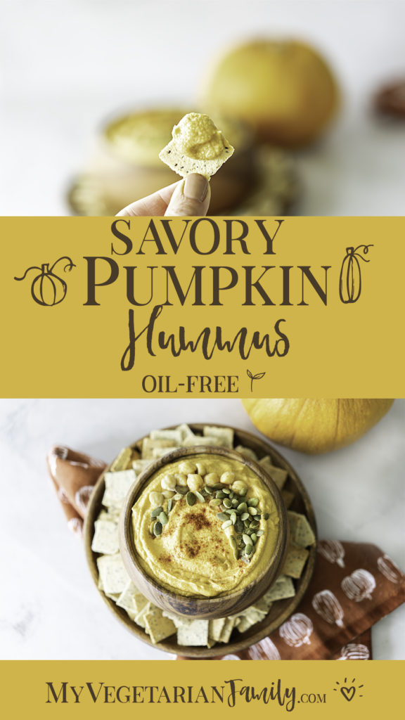 Savory Pumpkin Hummus | My Vegetarian Family #savorypumpkinhummus #oilfreepumpkinhummus #veganpumpkinrecipe #healthypumpkinrecipe #pumpkinhummus