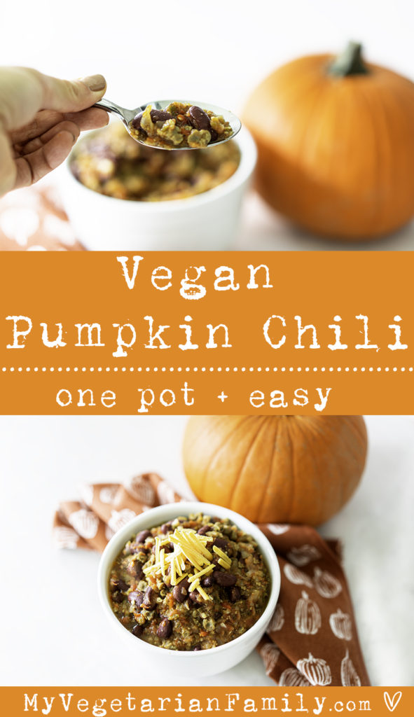 Easy Vegan Pumpkin Chili | My Vegetarian Family #veganchili #healthypumpkinrecipe #savorypumpkinrecipe #onepotveganchili