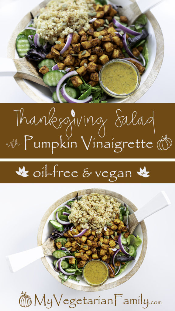 Vegan Thanksgiving Salad with Pumpkin Vinaigrette | My Vegetarian Family #oilfreepumpkinvinaigrette #oilfreedressing #airfryerpumpkin #toastedquinoa #veganthanksgivingsalad