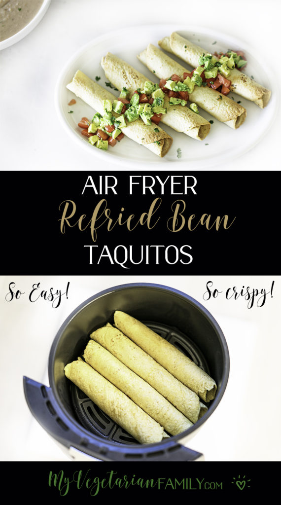 Air Fryer Refried Bean Taquitos | My Vegetarian Family #vegantaquitos #refriedbeantaquitos #notdeepfried #airfryervegantaquitos #airfryertaquitos