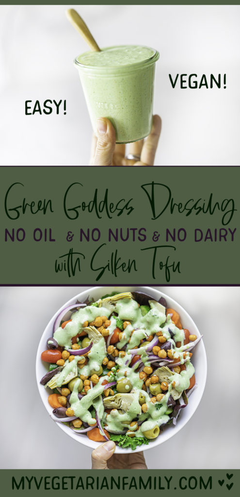 Dairy Free Silken Tofu Green Goddess Dressing | My Vegetarian Family #dairyfree #vegansaladdressing #nutfreesaladdressing #oilfreesaladdressing #vegangreengoddessdressing #silkentofudressing