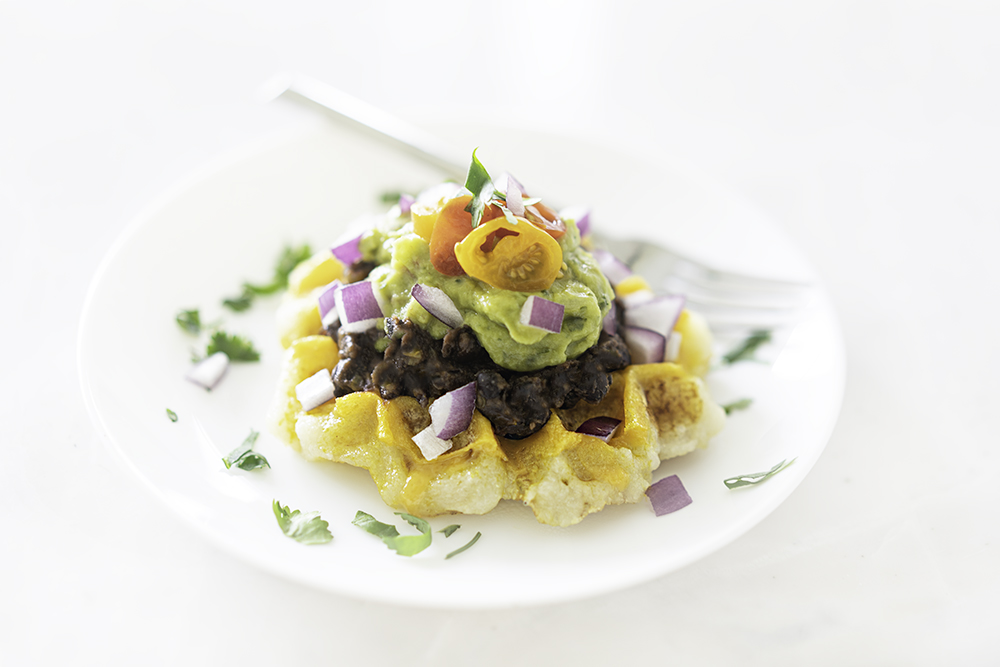 Cauliflower Gnocchi Mexican Waffles | My Vegetarian Family #cauliflowergnocchiwaffles #savorytacowaffles #savoryblackbeanwaffles