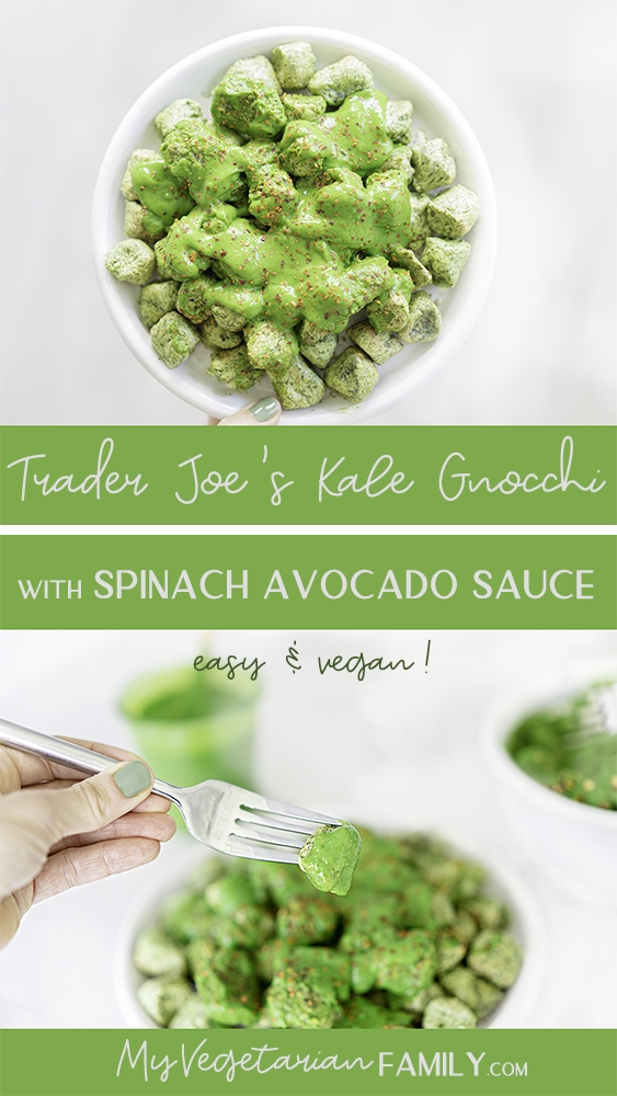 Trader Joe's Kale Gnocchi with Spinach Avocado Sauce | My Vegetarian Family #spinachavocadosauce #kalegnocchi #vegangreensauce
