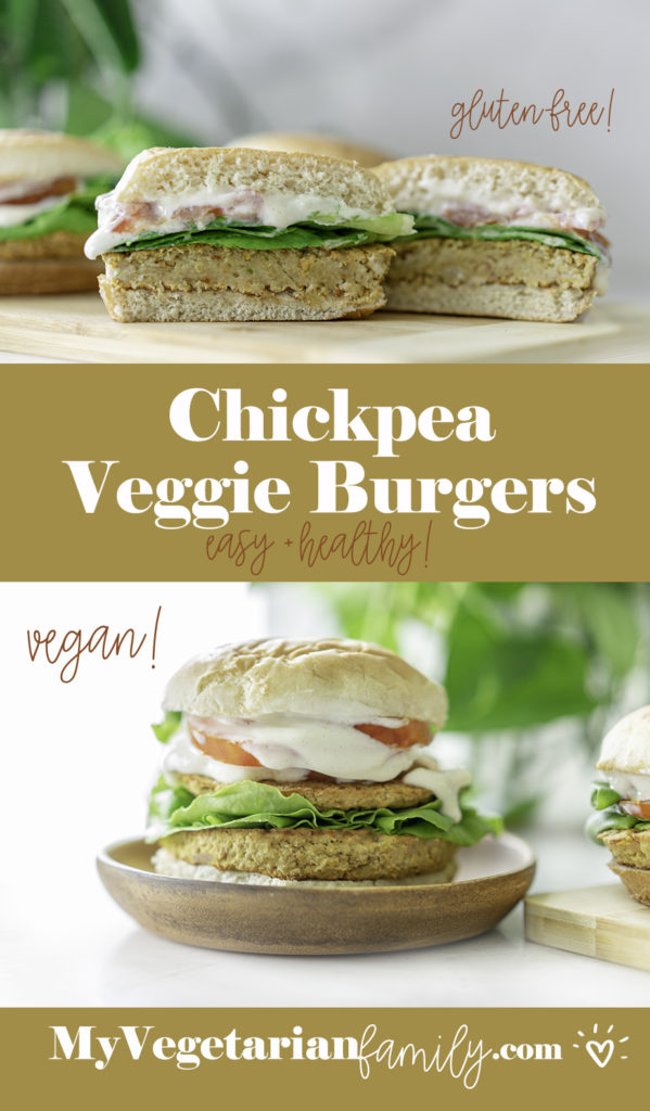 Chickpea Veggie Burgers | My Vegetarian Family #veganglutenfree #madewithchickpeas #healthyveggieburger #oilfreeveggieburger #chickpeaburger