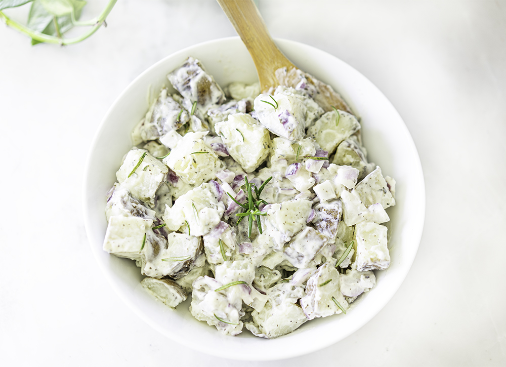 Vegan Rosemary Potato Salad | Use Rosemary When Learning How To Use Spices To Boost Wellness #egglesspotatosalad #homemademayo #plantbasedpotatosalad #rosemarypotatosalad