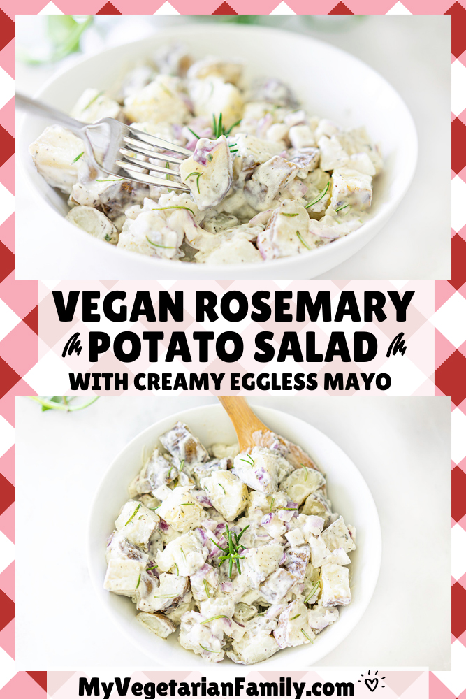 Vegan Rosemary Potato Salad | My Vegetarian Family #egglesspotatosalad #homemademayo #healthyplantbasedpotatosalad