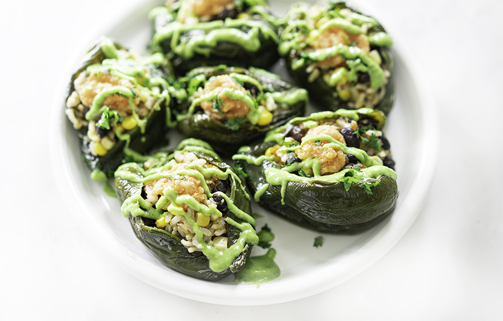 Stuffed Poblano Peppers with Avocado Dressing | My Vegetarian Family | How To Use Spices To Boost Wellness #stuffedpoblanopeppers #roastedpoblanopeppers #