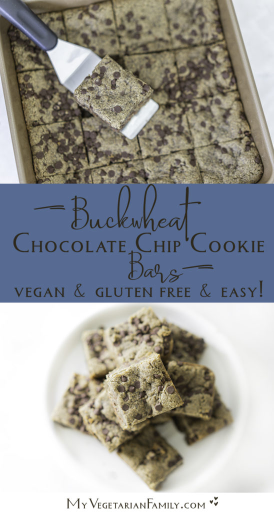 Buckwheat Chocolate Chip Cookie Bars | My Vegetarian Family #veganglutenfree #buckwheatflour #refinedflouralternative #healthyis #egglessbaking #dairyfree