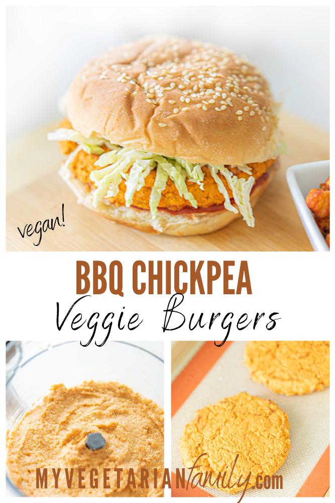 BBQ Chickpea Veggie Burgers | My Vegetarian Family #healthyhomemadeveggieburgers #chickpeaveggieburgersburgers #bbqchickpea