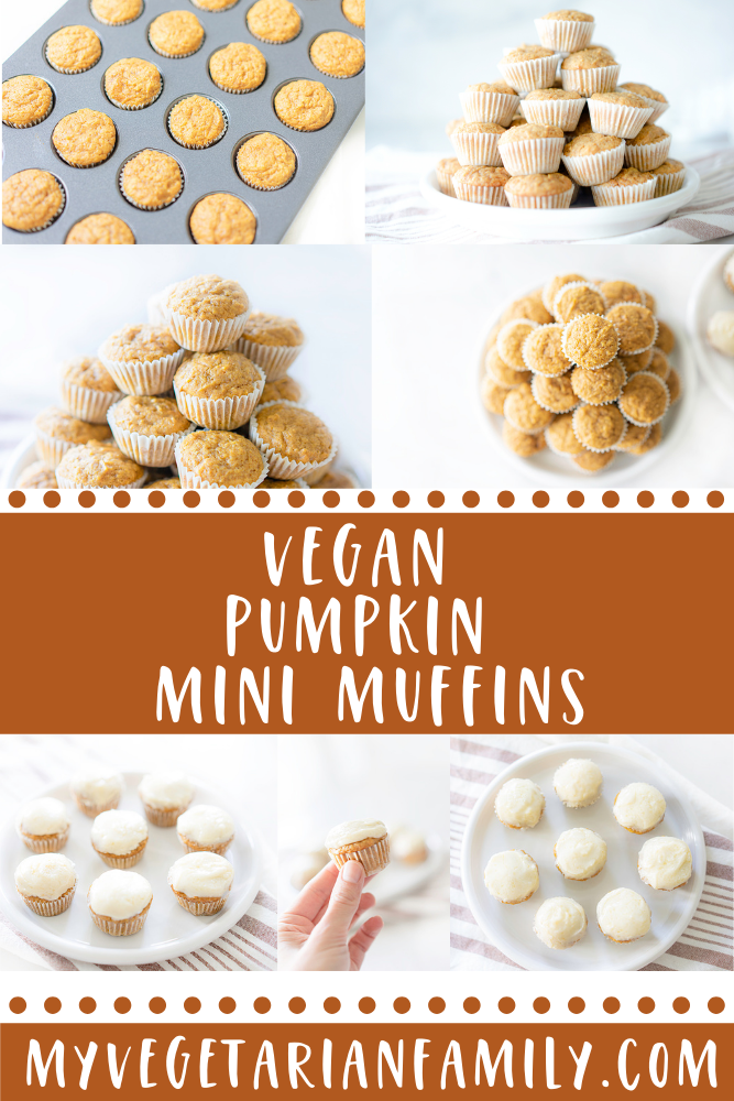 Vegan Pumpkin Mini Muffins with Icing | My Vegetarian Family #egglessbaking #veganmuffins #veganpumpkinmuffins