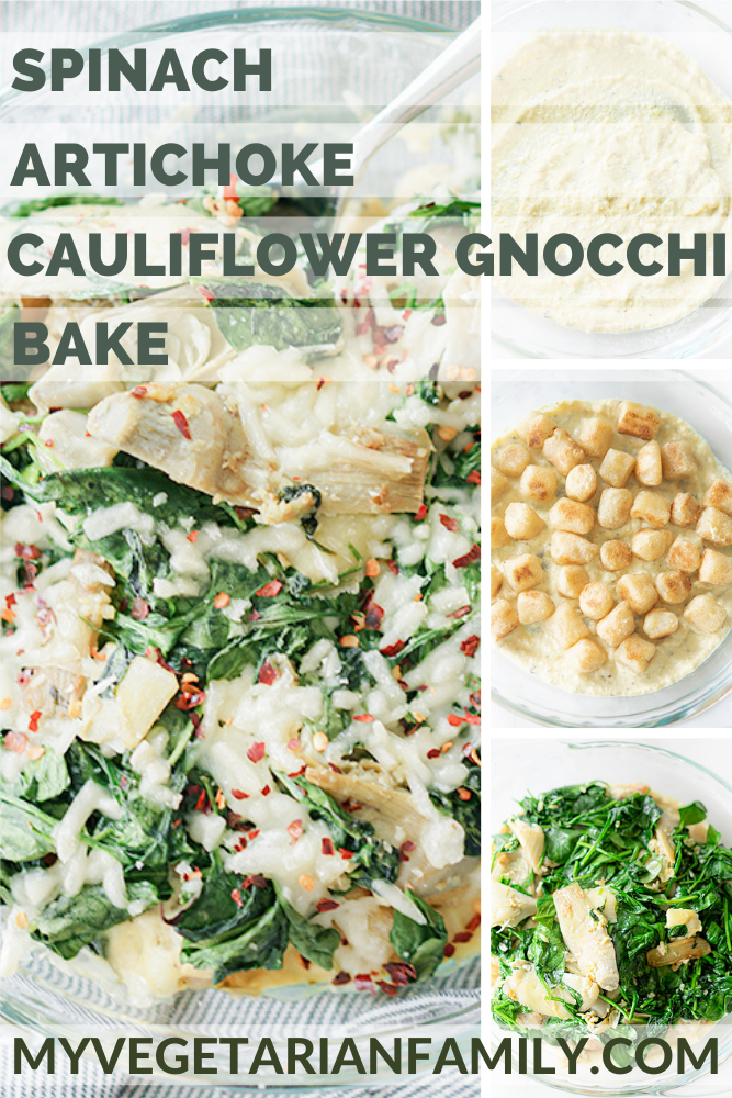 Spinach Artichoke Cauliflower Gnocchi Bake | My Vegetarian Family #tofuricotta #veganricottabake #traderjoescauliflowergnocchi
