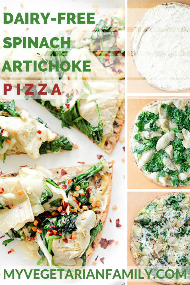Spinach Artichoke Pizza with Tofu Ricotta | My Vegetarian Family #spinachartichokepizza #tofuricotta #dairyfreespinachartichokepizza