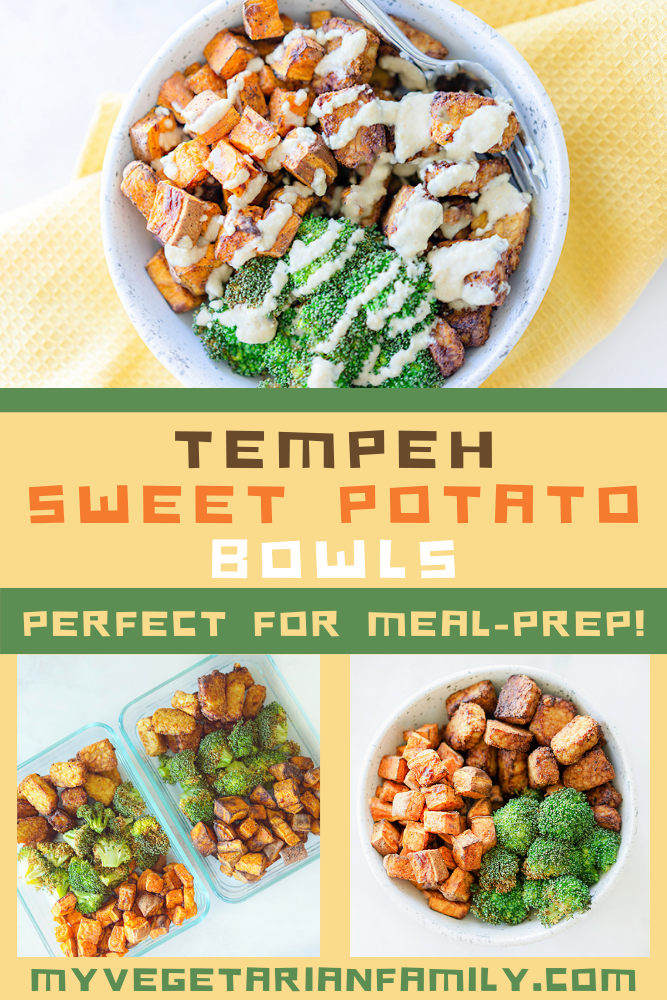 Tempeh Sweet Potato Bowls | My Vegetarian Family #tempehsweetpotato #veganmealprep #lemontahinidressing