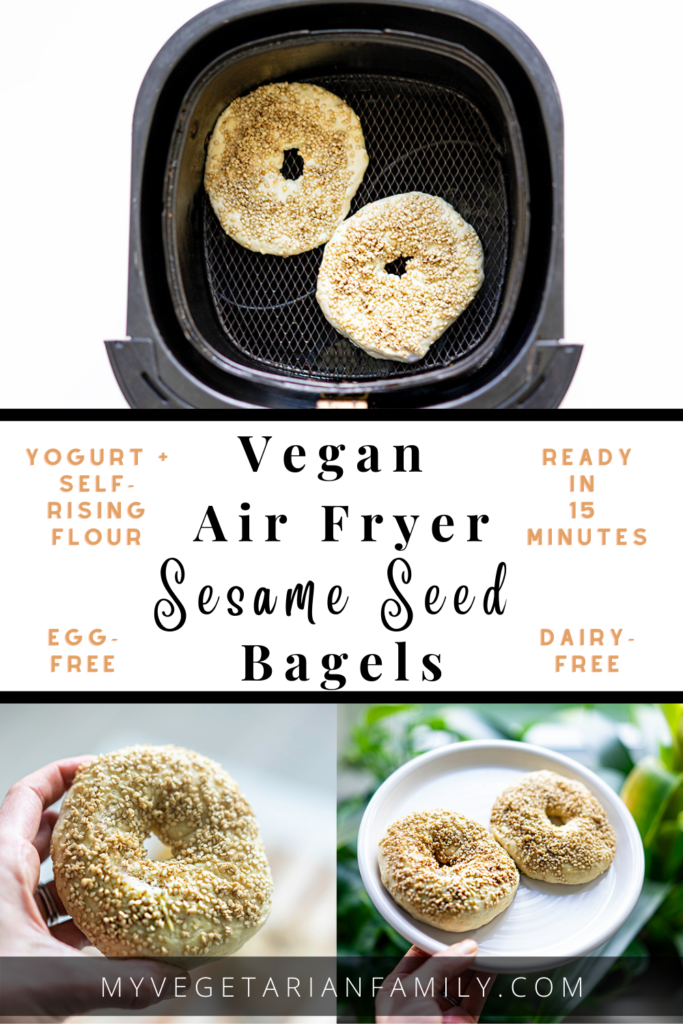 Vegan Air Fryer Sesame Seed Bagels | My Vegetarian Family #veganbagels #airfryerbagesl #dairyfree #eggfree #homemadeveganbagels