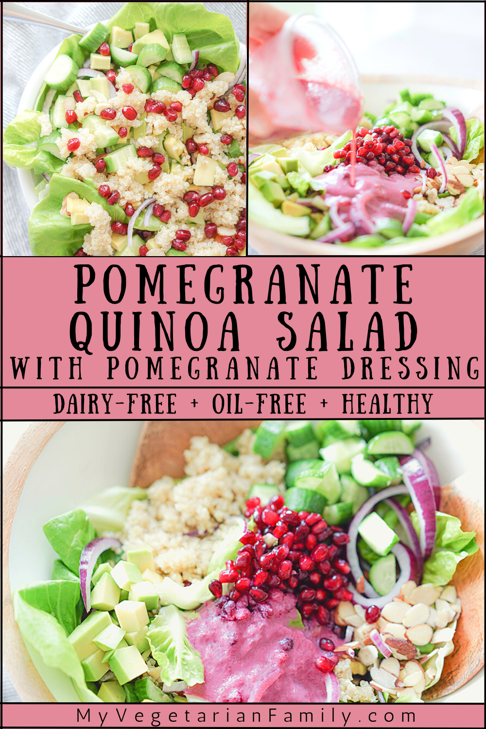Pomegranate Quinoa Salad with Pomegranate Dressing | My Vegetarian Family #vegan #pomegranatesalad
