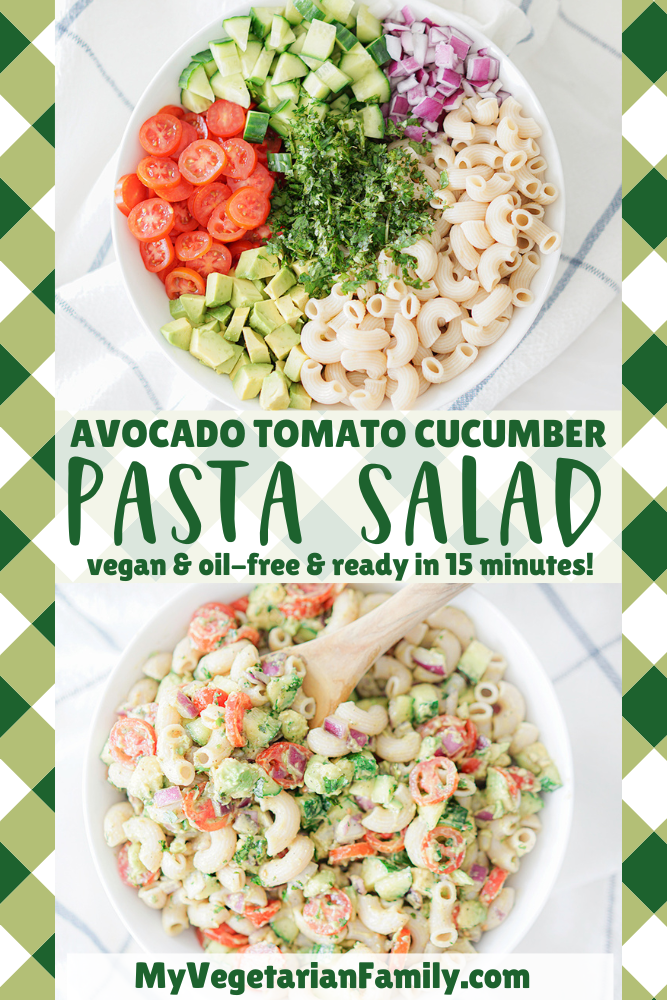 Avocado Tomato Cucumber Pasta Salad | My Vegetarian Family #avocadopastasalad #summersidedish