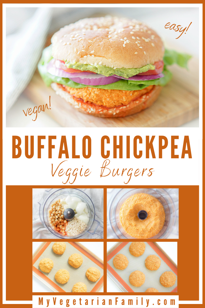 Buffalo Chickpea Oat Veggie Burgers | My Vegetarian Family #chickpeaoatburgers #buffaloveggieburger